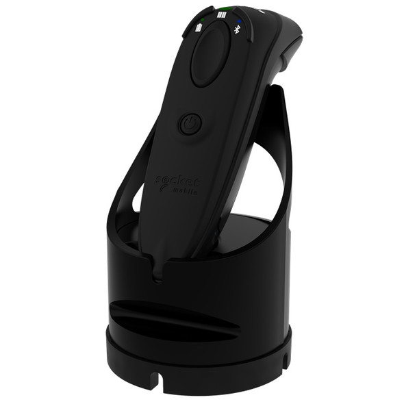 Front three-quarter view of the matte black Socket Mobile SocketScan S720 Bluetooth barcode scanner resting upright in its matching black desktop charging dock.