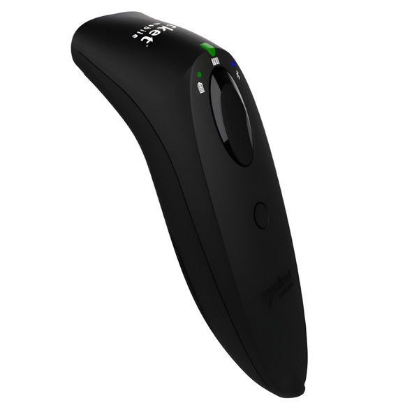 Angled side-profile view of the handheld black SocketScan S720 scanner highlighting the top scan button, power button, and status indicator icons for battery and Bluetooth connectivity.