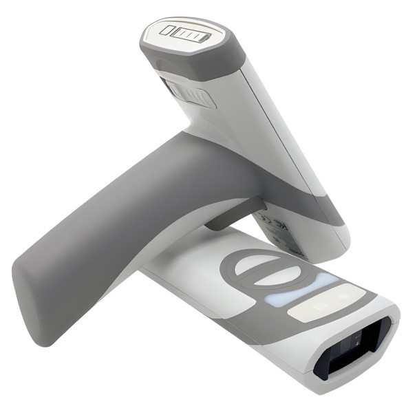 Rear and top view of two PDC CR2700 wireless healthcare barcode scanners, showing the ergonomic grey handle, scan window, and top-mounted LED battery level indicator.