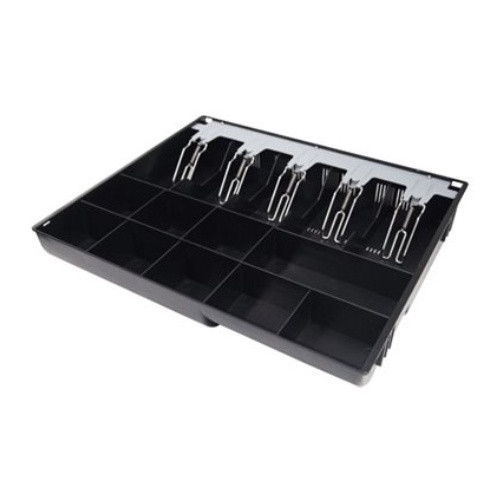 Top-down perspective view of a black Posiflex CT4200-US replacement till tray displaying the full layout of coin sections and metal wire bill weights.