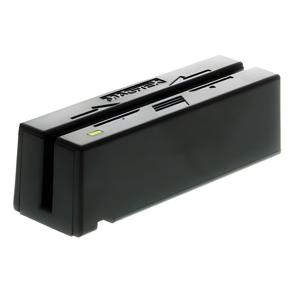 Compact black MagTek SureSwipe USB mini magnetic card reader with a swipe slot, green LED indicator light, and embossed logo on top, isolated on white.