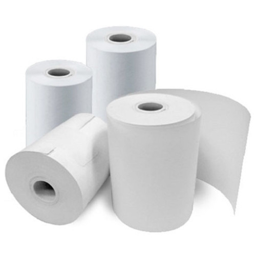 Four white ThermaMark phenol-free direct thermal paper rolls arranged together on a plain background, showing one upright roll unrolling to display paper quality and core design.