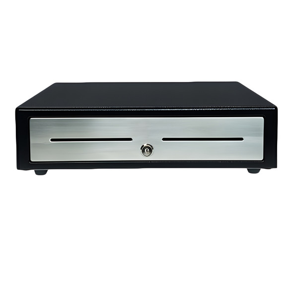 Straight-on front view of a black Star Micronics Choice Series cash drawer featuring a brushed stainless steel front panel, central key lock, and two media slots, isolated on a white background.