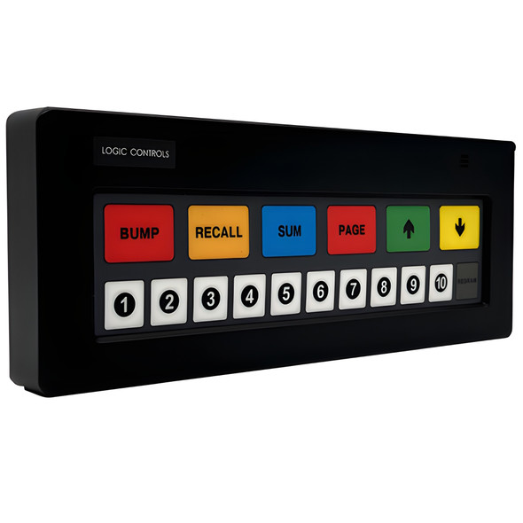 Angled perspective from the left showing the black casing, top Logic Controls logo, and 17-key layout including color-coded function keys (Bump, Recall, Sum, Page) and numbered buttons 1 through 10.
