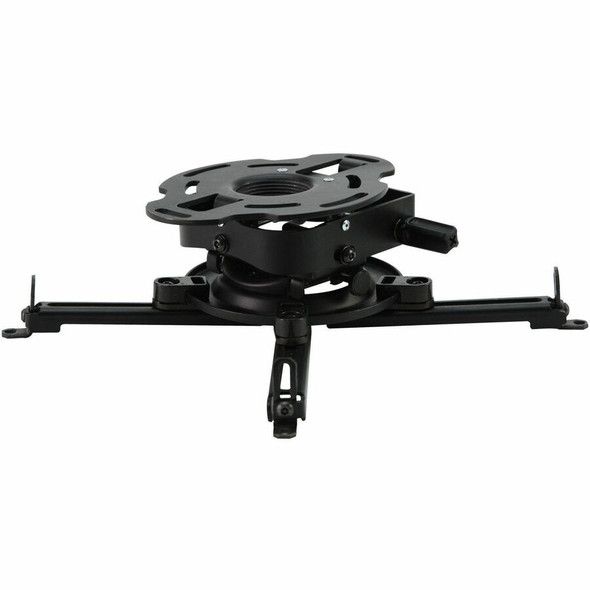 Front eye-level view of the black Peerless-AV PRGS-UNV universal projector mount, showing the precision gear adjustment knob and four adjustable Spider extension legs isolated on a white background.