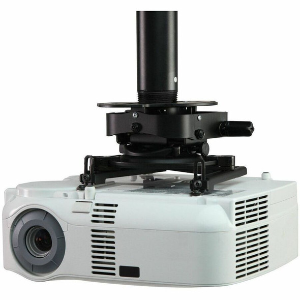 Close-up view of a white digital projector attached to a black ceiling extension column via the Peerless-AV PRGS-UNV precision gear mount.