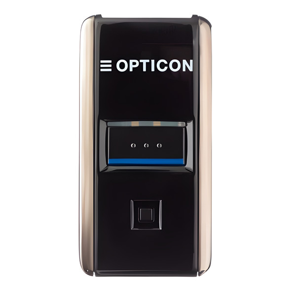 Direct front angle of the Opticon OPN-2500 showing the white Opticon logo at the top, center trigger button with blue stripe, and function button below.