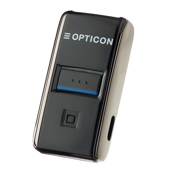 Angled top-front perspective of the Opticon OPN-2500 1D barcode scanner, highlighting its black gloss face, silver sides, large scan button with blue accent, and USB-C port.