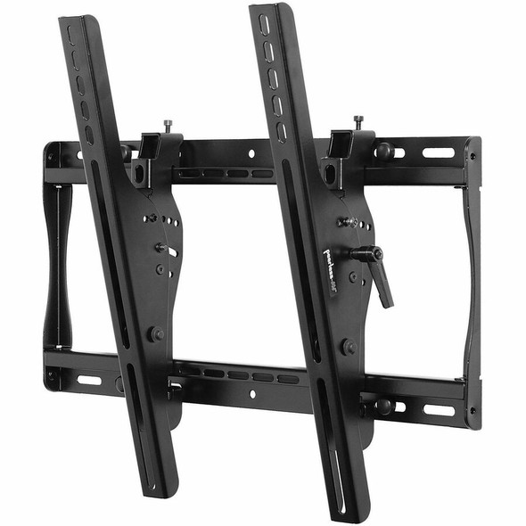 Three-quarter front angle of the Peerless-AV ST640 SmartMount tilt TV wall mount with security hardware, showing the open steel wall plate, dual vertical mounting adaptors, and side ratcheting tilt adjustment lever.