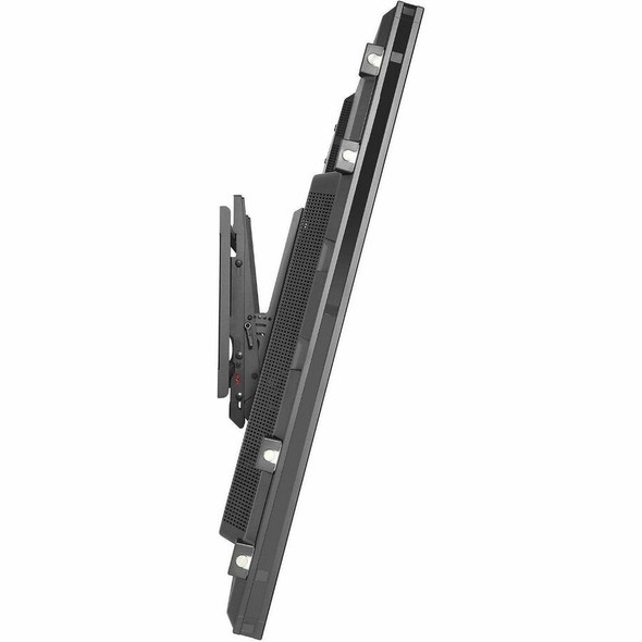 Side perspective of a thick commercial flat-panel TV tilted forward on the Peerless-AV ST670P mount, highlighting the pre-tensioned tilt mechanism for optimal viewing angles.