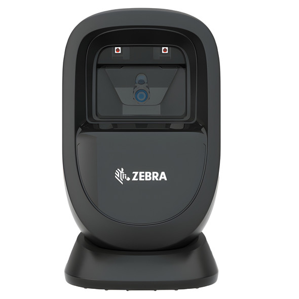 Front view of the Zebra DS9308 hands-free presentation barcode scanner showing the Zebra logo, scan window, and integrated mounting base.