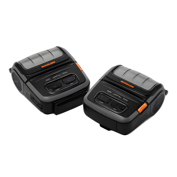 Two Bixolon SPP-R310 3-inch mobile thermal receipt printers shown side by side in black and gray with orange accents, displaying control buttons and media covers.