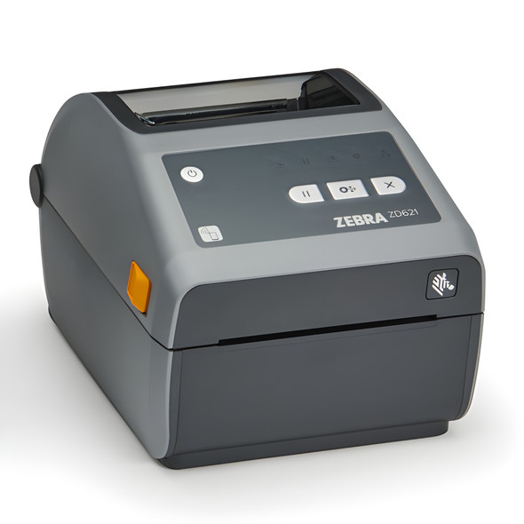 Angled side view of the Zebra ZD621 desktop barcode label printer in gray and dark gray, highlighting the compact profile, control panel, clear media window, and orange release latch.