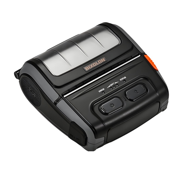 Angled front view of a black and grey Bixolon SPP-R410 mobile receipt printer featuring a transparent media cover, control buttons, LED status indicators, and an orange cover-open latch.