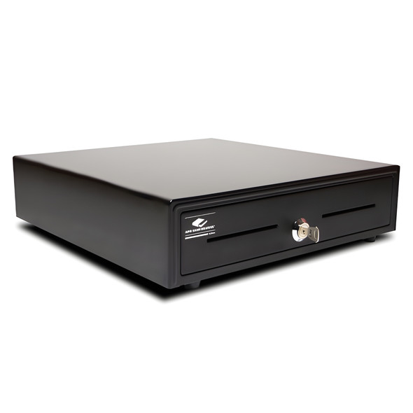 Angled side view of the APG Arlo 13.2x13.5 black cash drawer highlighting its compact profile and key inserted in the lock.