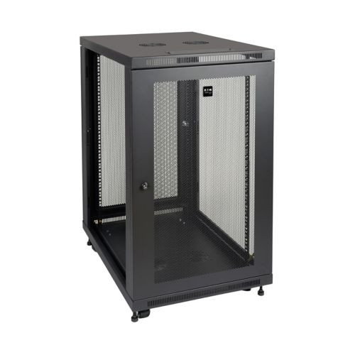 Three-quarter front view of the Tripp Lite 24U server rack enclosure showing casters, leveling feet, and internal mounting rails.