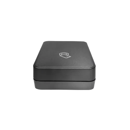 Another view of the black, square NFC reader device without any cables against a plain white background. The front of the device features the icon of a hand holding a card.