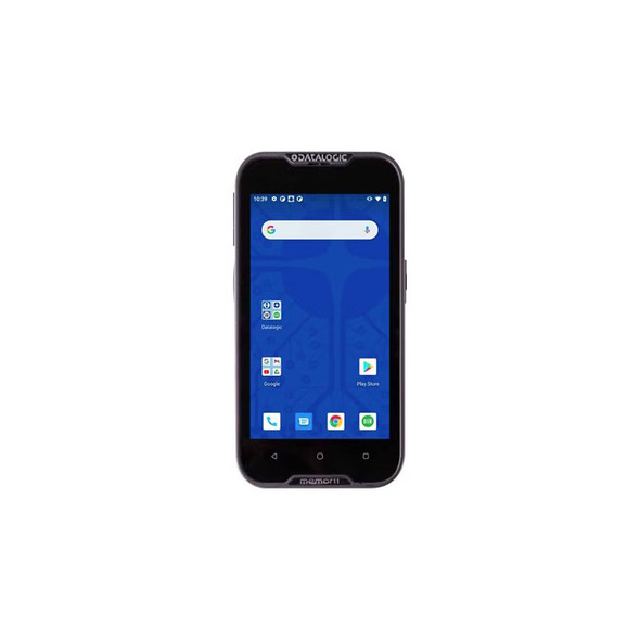 A direct, centered studio product shot against a pure white background showing the front face of a black Datalogic Memor 11 mobile computer terminal. The semi-rugged Android PDA is framed by a durable dark gray bezel, featuring a white "DATALOGIC" logo at the top and "memor 11" stamped into the lower chin. The illuminated 5-inch touch screen displays a vibrant blue home wallpaper with a standard Android interface layout, including a top Google search bar, application folders for Datalogic and Google utilities, the Google Play Store icon, and a row of quick-access dock shortcuts across the bottom.