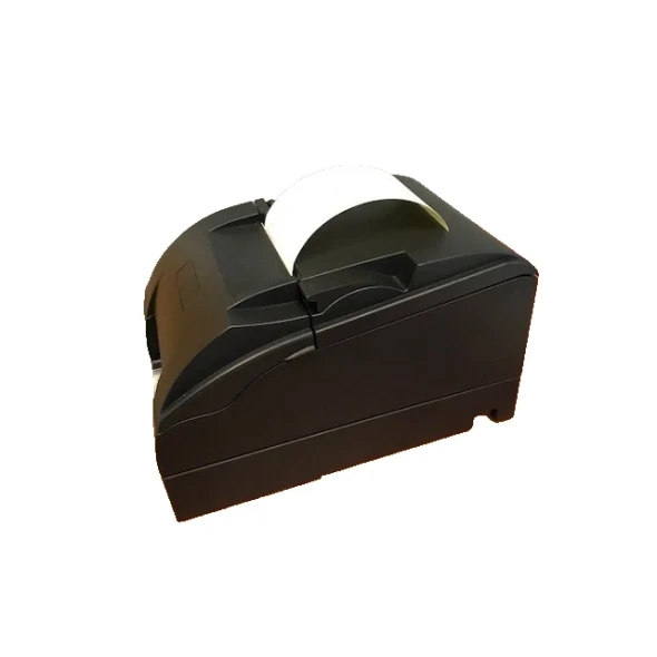 Angled side profile of black SNBC BTP-M280B impact receipt printer with printed paper feeding from top cover slot