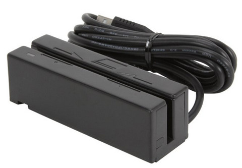 MagTek 21040104 Mini USB magnetic card reader with attached coiled USB interface cable.