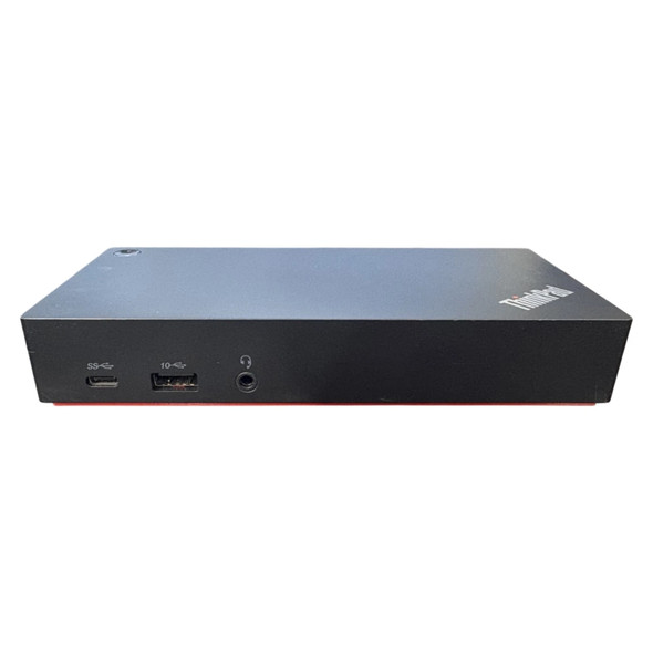 Front angled view of the Lenovo ThinkPad USB-C Dock Gen 2 (40AS0090US) showing the USB-C port, USB-A port, and 3.5mm audio jack.