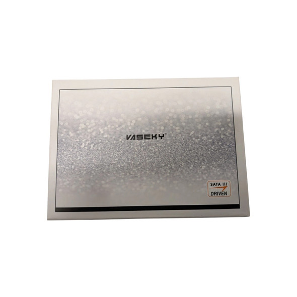 Front view of the Vaseky V800 64GB 2.5-inch SATA III solid-state drive showing the silver glitter-patterned casing and logo.