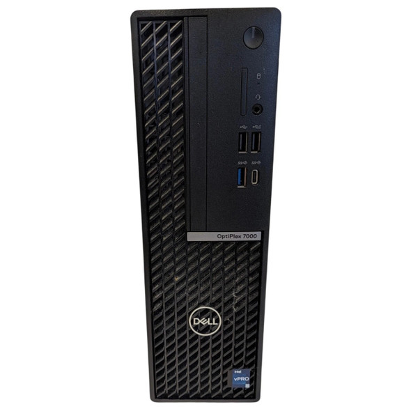 Dell OptiPlex 7000 SFF front view displaying mesh ventilation grille, Dell badge, power button, USB-A, and USB-C ports.