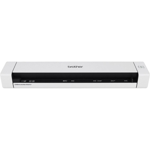 Front view of the white Brother DSmobile DS-620 portable document scanner showing the feed slot with paper size alignment guides and single power button.