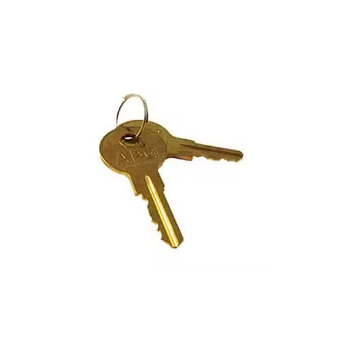 Top view of two brass APG PK-8K-A7 replacement cash drawer keys joined by a small metal key ring on a plain white background.