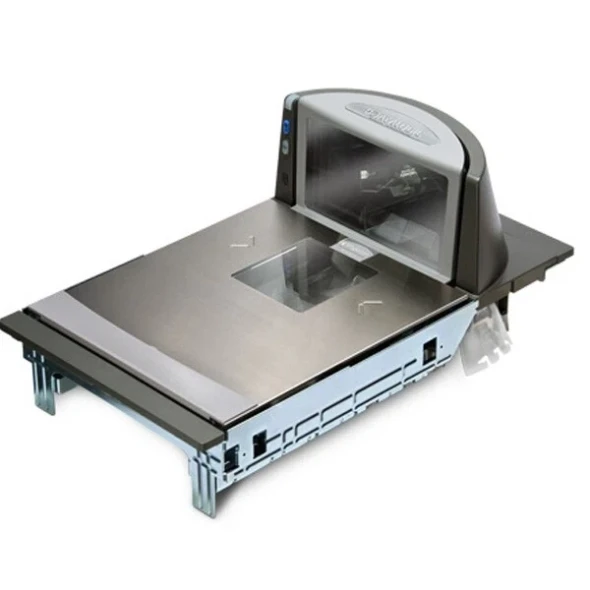 High-angle perspective view of the Datalogic Magellan 8403 in-counter bi-optic barcode scanner featuring a stainless steel top deck, horizontal scanning window, vertical bonnet window, and metal chassis frame.