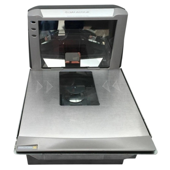 Front angled view of Datalogic PSC Magellan 8502 medium length in-counter bi-optic barcode scanner and scale with stainless steel platter and vertical bonnet.