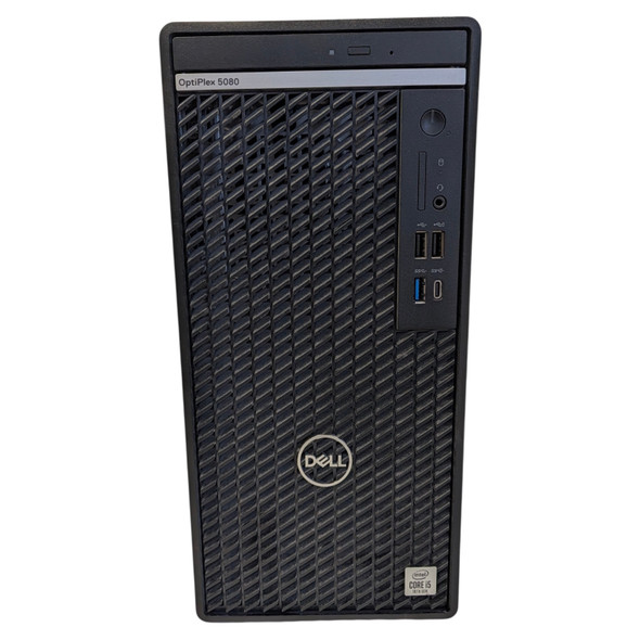 Front profile of the Dell OptiPlex 5080 Tower desktop showing the textured mesh front panel, optical drive bay, power button, audio jack, and USB ports.