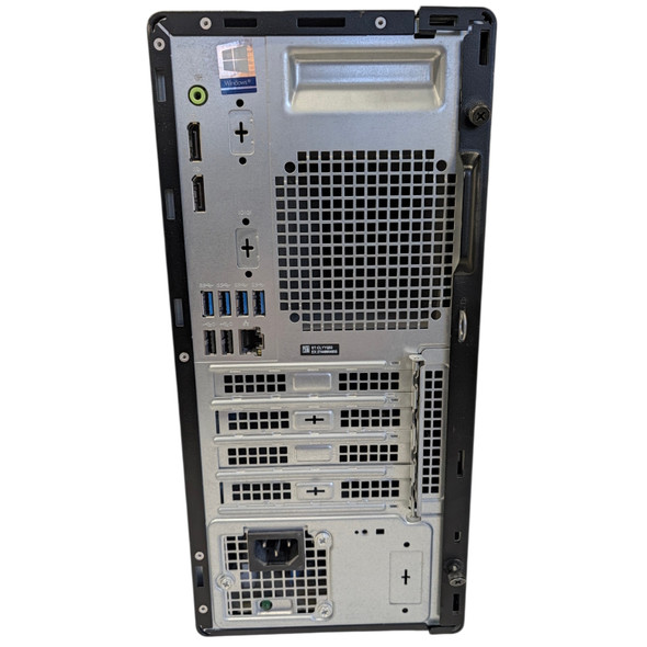 Rear I/O panel of the Dell OptiPlex 5080 Tower desktop displaying DisplayPorts, USB ports, Ethernet jack, expansion slots, and power supply unit.