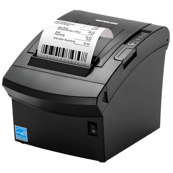 Bixolon SRP-350plusV direct thermal receipt printer in black, shown from the front right angle with a printed receipt featuring a barcode emerging from the top.