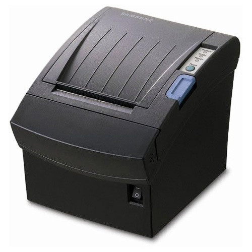 Three-quarter high-angle view of the dark grey Bixolon SRP-350G thermal receipt printer, showing the top paper cover with Samsung branding, a status indicator and feed button panel, a blue open latch, and a power switch on the lower front.
