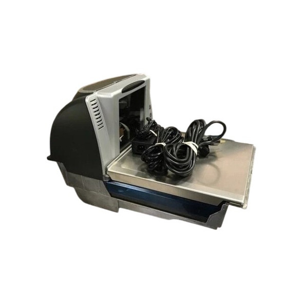 NCR RealScan 7878-2001 hybrid bi-optic scanner scale featuring an integrated stainless steel weighing platter and bundled power cords on top.
