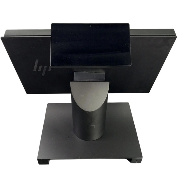 Rear-facing view of the HP Engage One Pro POS terminal displaying its integrated customer-facing display module, sturdy stand base, and HP logo branding on the chassis back.
