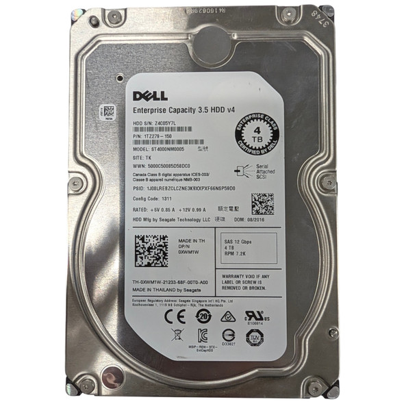 Top label view of the Dell Enterprise Capacity 3.5 HDD v4 4TB hard drive displaying model number ST4000NM0005, capacity specifications, barcodes, and regulatory compliance logos.