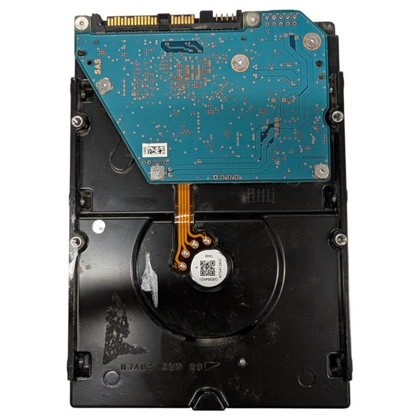 Bottom view of the Dell 4TB SAS enterprise hard drive showing the exposed blue printed circuit board, mounting points, and the SAS interface connection connector at the top.