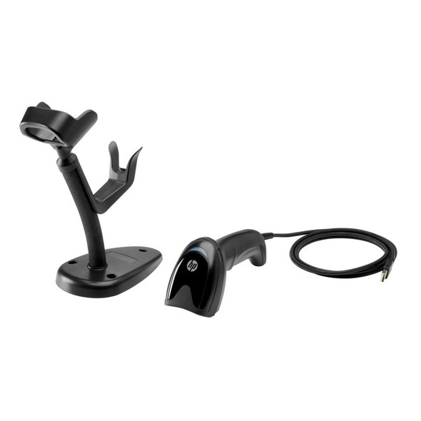 HP Engage Imaging Barcode Scanner II with its presentation stand, black handheld imager unit, and attached USB cable coiled on a white background.