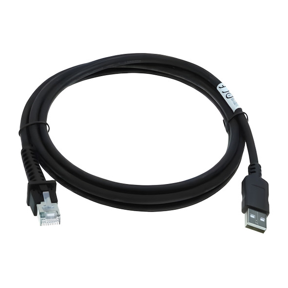 A black Datalogic 90A052258 barcode scanner interface cable coiled in a neat circle against a plain white background. On the left end is an RJ-45 (10-pin) connector with a clear plastic clip, and on the right end is a standard male USB Type-A connector. A small white manufacturer label with black markings is wrapped near the USB end.