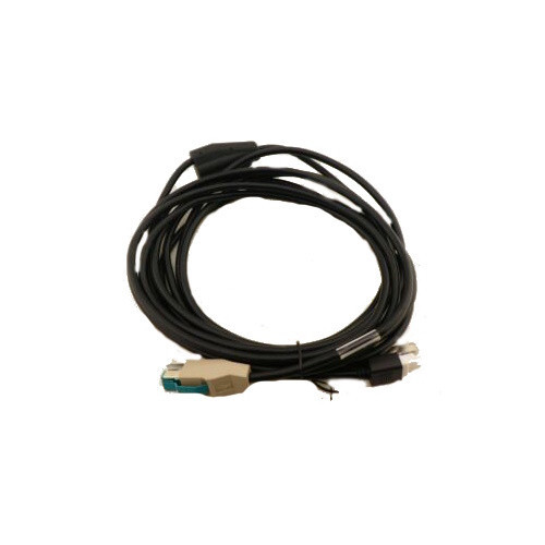 A Datalogic 90A052276 straight interface cable loosely bundled in a circular coil, centered on a solid white background. The long, black cable features a specialized 12V PoweredUSB connector on one end, distinguished by its beige housing and teal accent color. The opposite end terminates in a standard modular connector with a black boot, and a small ferrite bead is integrated along the upper curve of the cable bundle to minimize signal interference.