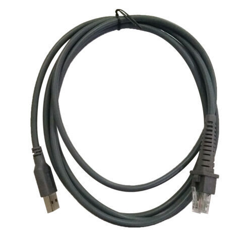 Coiled 15-foot grey Datalogic 90A052133 data and power cable, featuring a standard USB Type-A connector on one end and a heavy-duty RJ-45 modular plug with robust molded strain relief on the other.