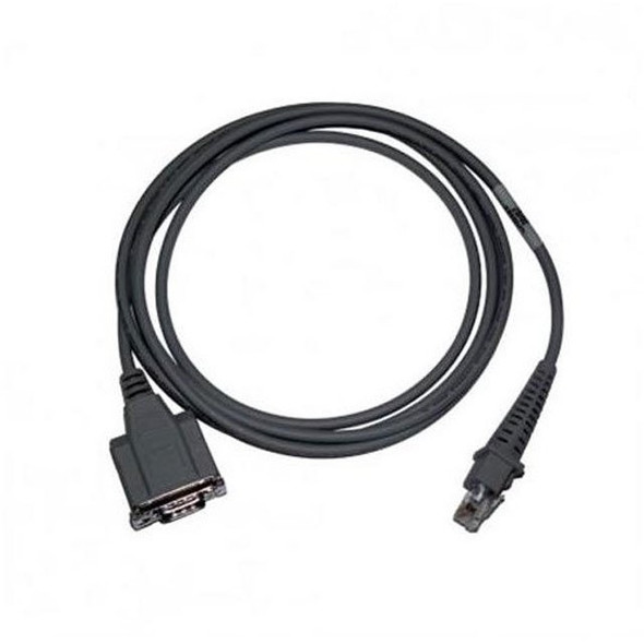 Datalogic 8-0731-08 black straight interface cable coiled in a circular loop on a white background, featuring an IBM port connector on one end and a modular scanner plug with a strain relief boot on the other.