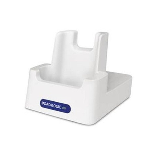 Datalogic Joya Touch 22 single-slot charging cradle in white, shown from an angled front perspective on a white background, featuring a contoured mobile computer dock slot and a blue Datalogic logo badge on the front base.