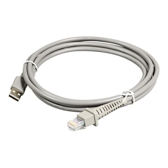 A genuine Datalogic 90A052065 straight interface cable neatly looped and secured with white twist ties on a solid white background. The light grey cable features a standard USB Type-A connector on one end and an RJ45 modular plug on the other. The RJ45 connector is equipped with a thick, ridged plastic strain-relief boot for added durability.