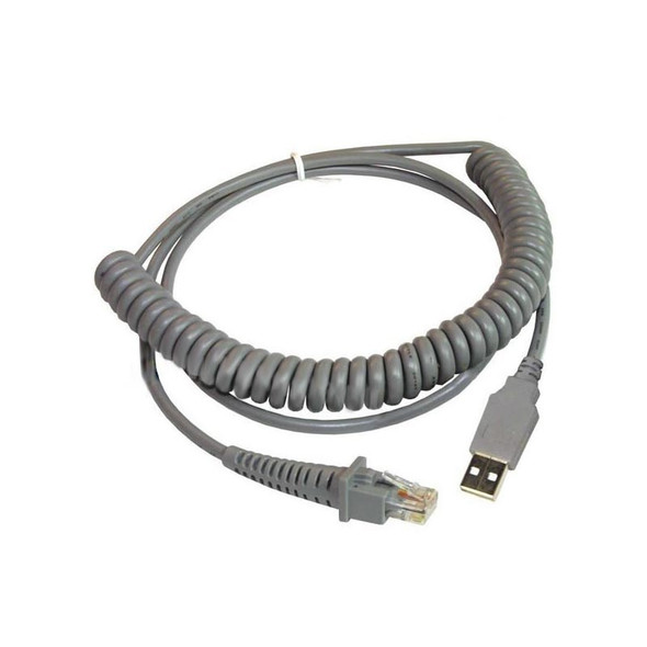 Datalogic coiled USB interface cable bundled in a loop on a white background, featuring a modular scanner connector with a strain relief boot on one end and a standard USB Type-A connector on the other.