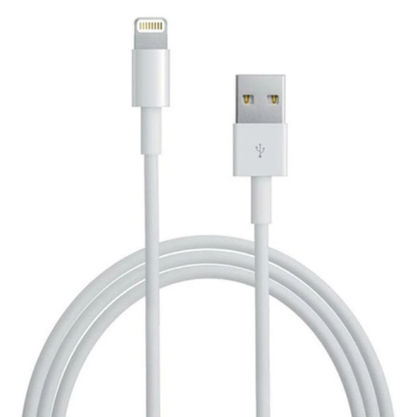 Studio product shot of the white Apple 2m Lightning to USB cable, displaying the reversible Lightning connector on the left and the USB Type-A connector with a USB icon on the right, resting above coiled cable loops against a plain white background.