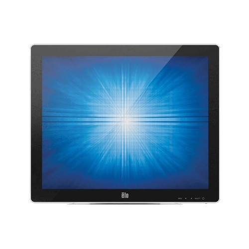 Front view of the Elo 1523L 15-inch desktop touchscreen monitor, featuring a zero-bezel black frame, the Elo logo centered on the bottom bezel, and a glowing blue abstract graphic on the display.