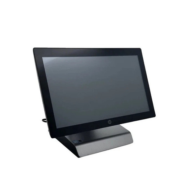 Front angled three-quarter view of the HP RP9 G1 Retail System Model 9015 all-in-one POS touch terminal on an adjustable counter stand against a white background